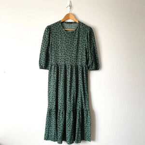 Zara Tiered Floral Midi Dress  Green Black Size Small
